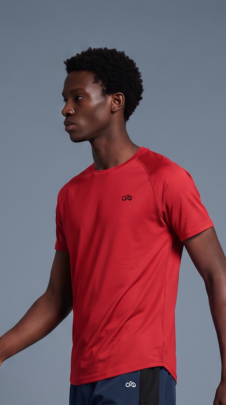 A man wearing a red short-sleeve athletic t-shirt, navy blue athletic shorts with a black side panel, and black running shoes, walking against a solid gray studio background.