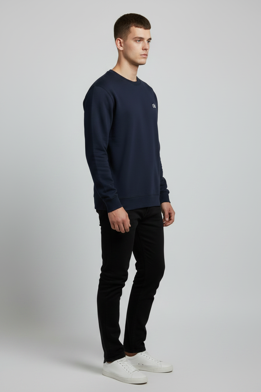 Navy Crewneck — 45° Side Profile