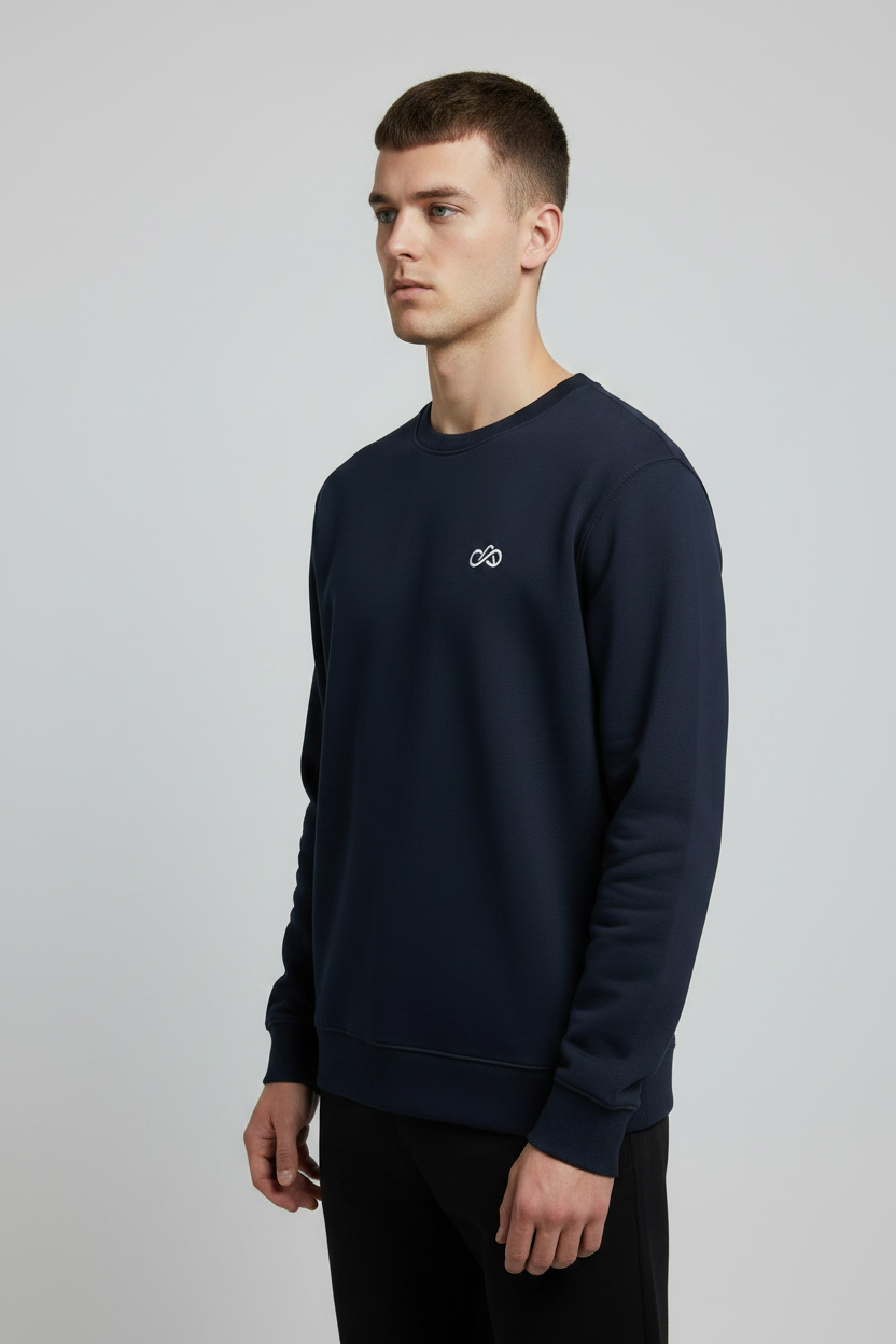 Navy Crewneck — 45° Side Profile