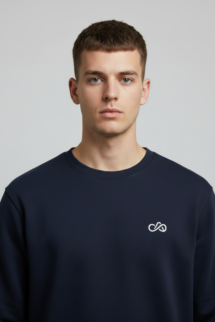 Navy Crewneck — Upper Body with Face