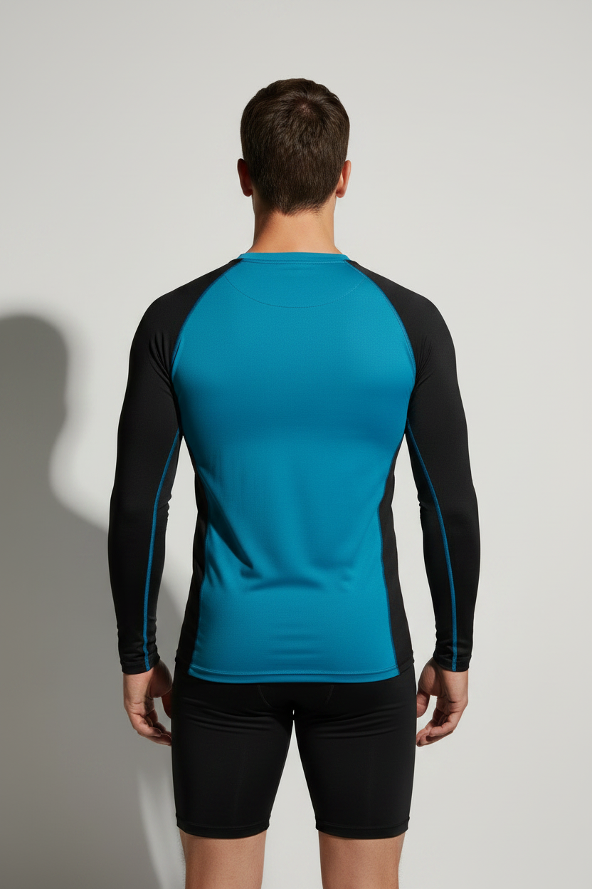 Teal & Black Rash Guard — Rear View Lookbook Portrait