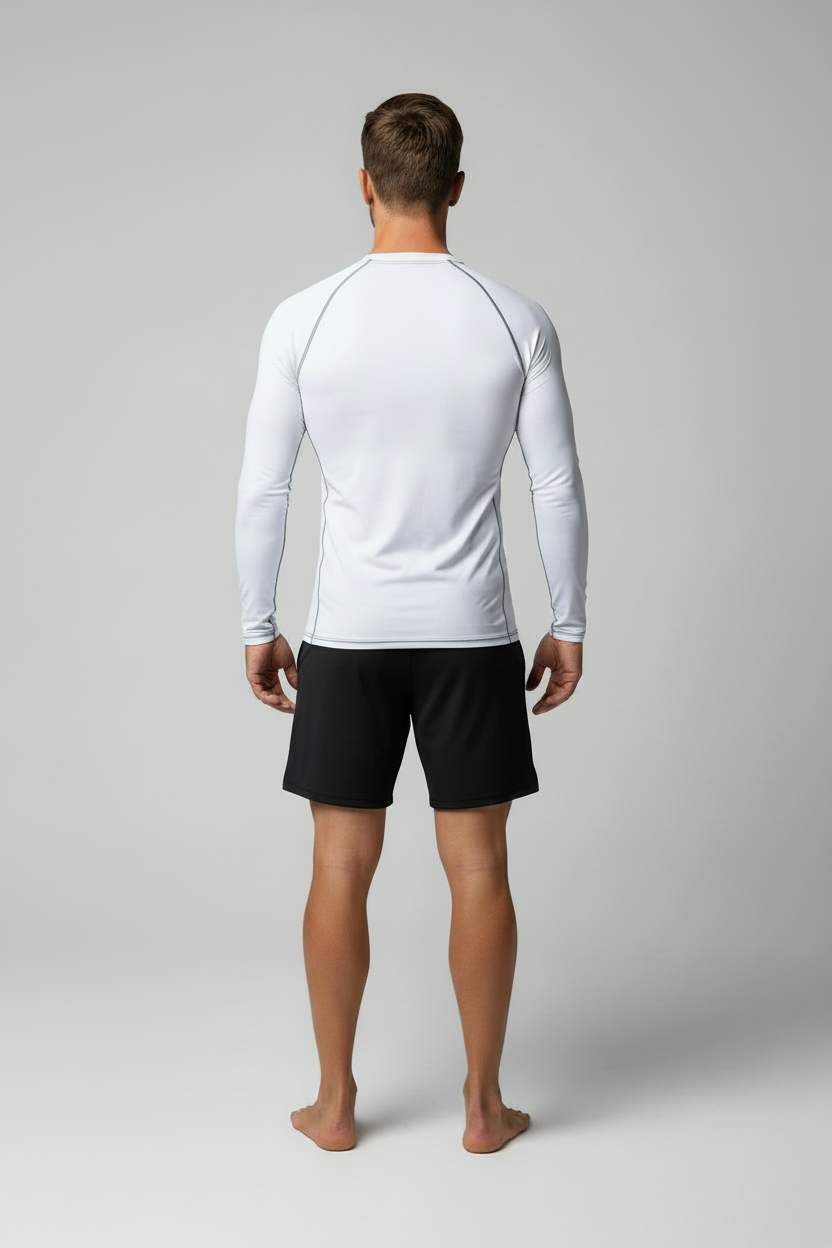 White Rash Guard — Rear View, Seams Intact, No Logo